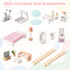 Colorful wooden dollhouse accessories including furniture for a bedroom, bathroom, and living room, enhancing.