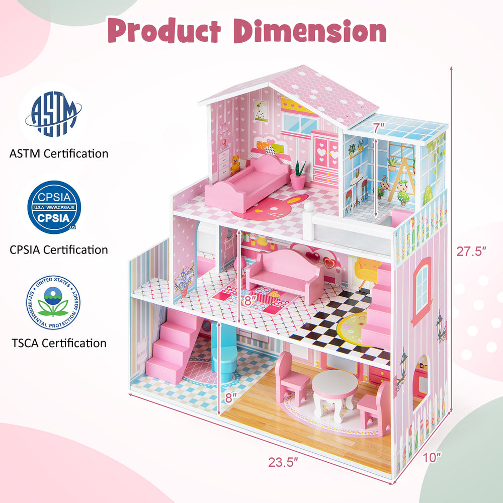 3-story pink wooden dollhouse playset with 5 rooms and 10 furniture pieces, perfect for imaginative play for kids.