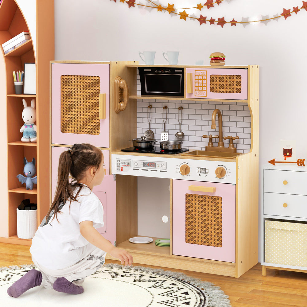 Kids Wooden Kitchen Playset with Realistic Lights and Sounds-Pink - Gallery View 1 of 10