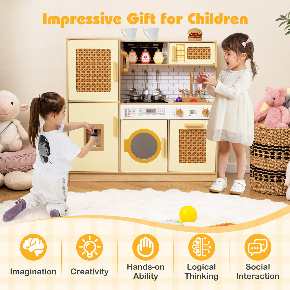 Kids wooden kitchen playset in yellow with realistic lights and sounds, designed for imaginative play and social.