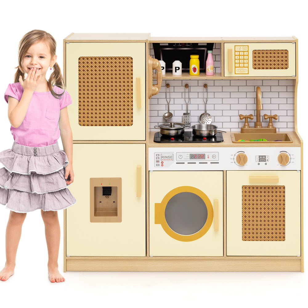Kids wooden kitchen playset in yellow with realistic lights and sounds, featuring a stove, sink, and washing machine.