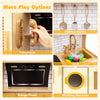 Kids wooden kitchen playset features a sink, telephone, and utensil hooks for imaginative play and social interaction.