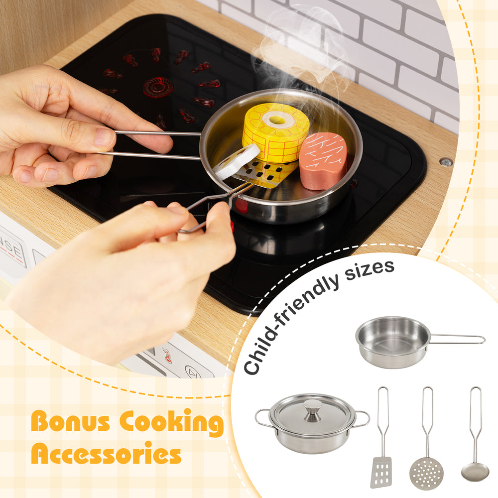 Child-friendly cooking accessories in a kids' wooden kitchen playset, featuring realistic lights and sounds for.