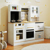 Kids wooden kitchen playset in white with stoves, microwave, and dishwasher, designed for imaginative play and.