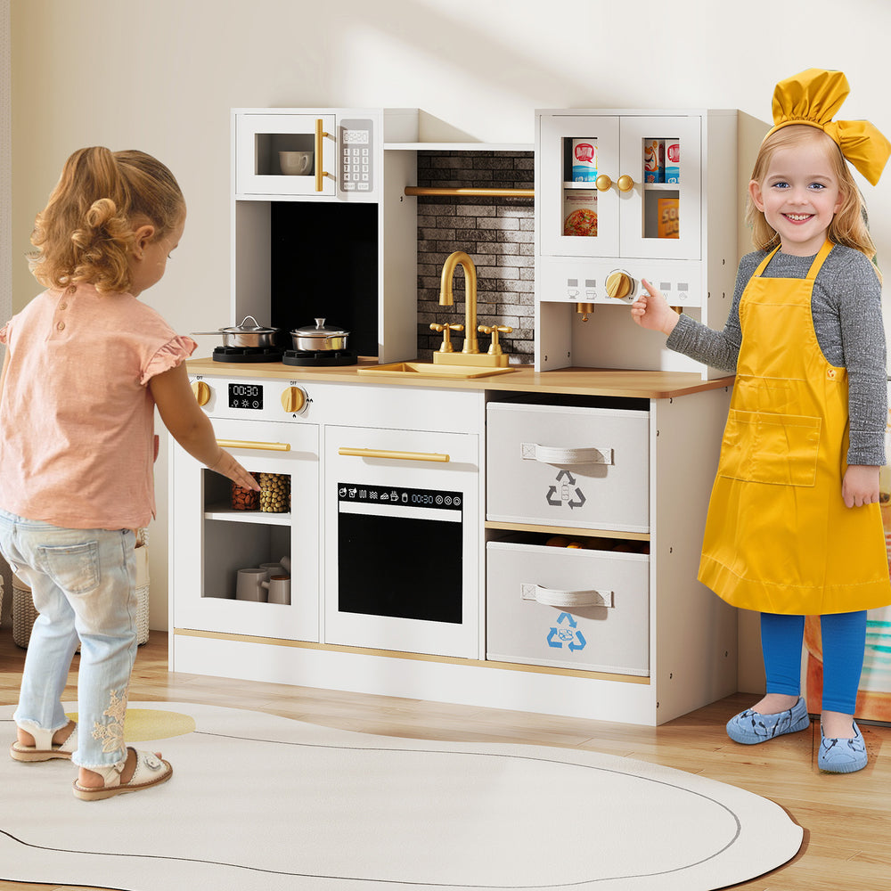 Kids wooden kitchen playset in white with stoves, microwave, and realistic sounds for imaginative cooking fun.