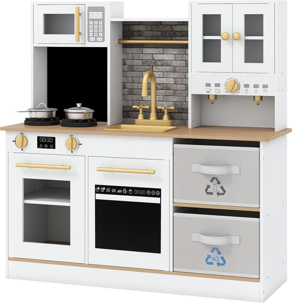 Kids wooden kitchen playset in white with stoves, microwave, and foldable drawers for imaginative cooking fun.