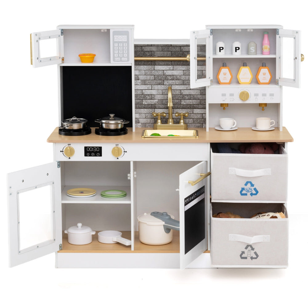 Kids wooden kitchen playset with stoves, microwave, and storage drawers, designed for imaginative cooking adventures.