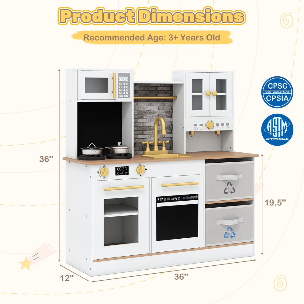 Kids wooden kitchen playset in white with stoves, microwave, and storage, designed for imaginative play for ages 3+.