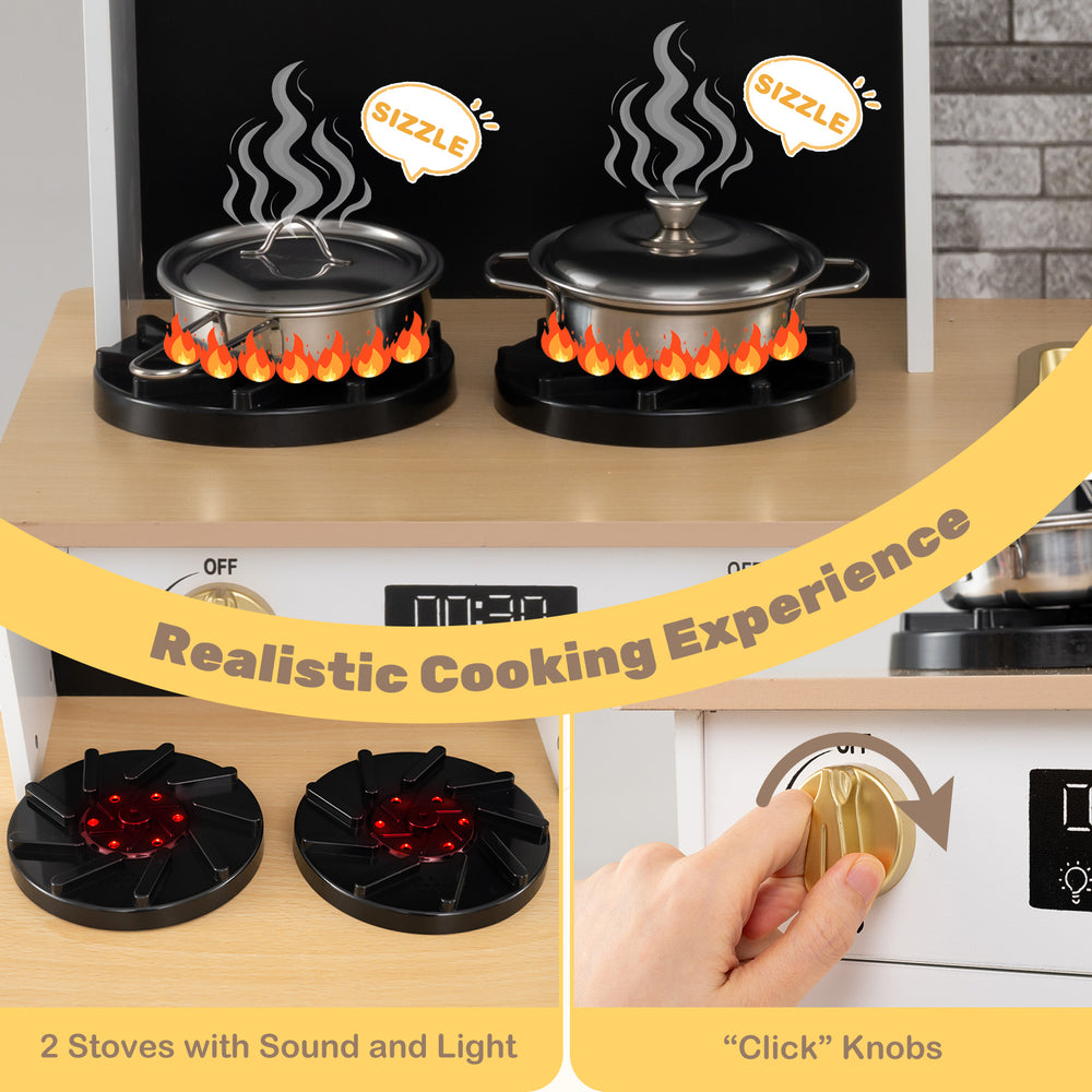 Kids wooden kitchen playset featuring two stoves with sound and light, perfect for imaginative cooking adventures.
