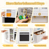 Kids wooden kitchen playset featuring a microwave, coffee maker, and dishwasher for imaginative cooking fun.