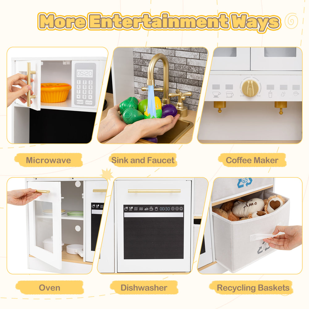 Kids wooden kitchen playset featuring a microwave, coffee maker, and dishwasher for imaginative cooking fun.