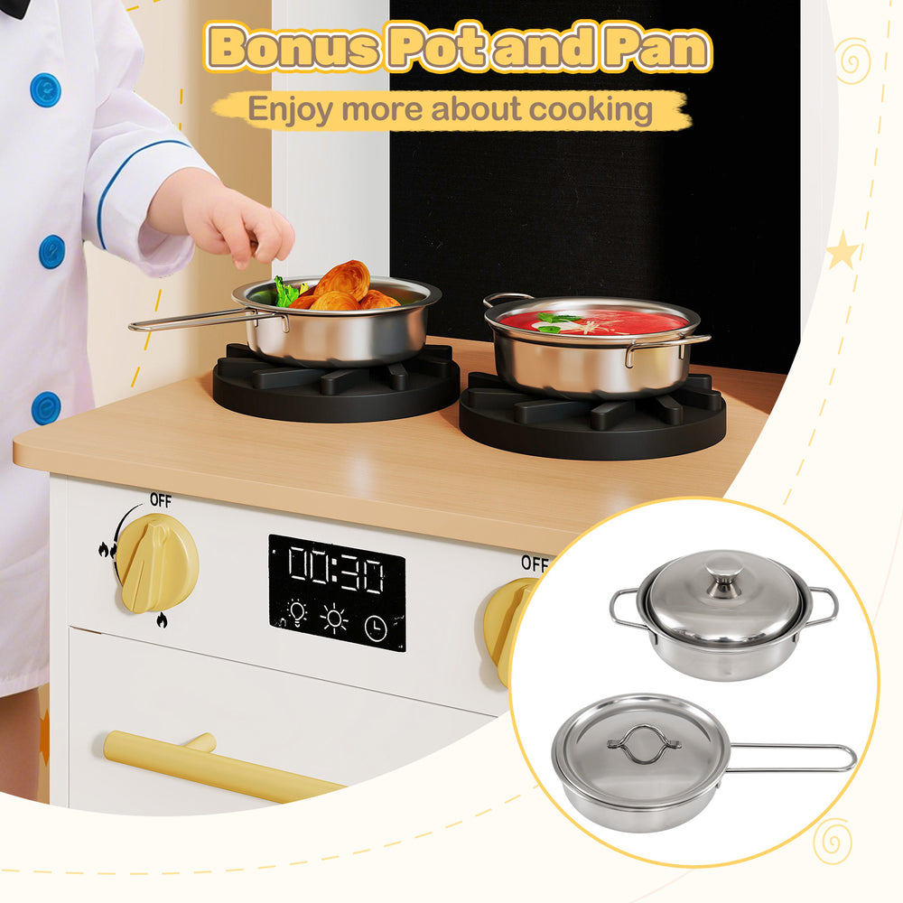 Kids wooden kitchen playset featuring two stoves with lights and sounds, perfect for imaginative cooking adventures.