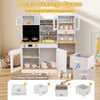 Kids wooden kitchen playset with stoves, microwave, and two fabric drawers for organized play and imaginative cooking.