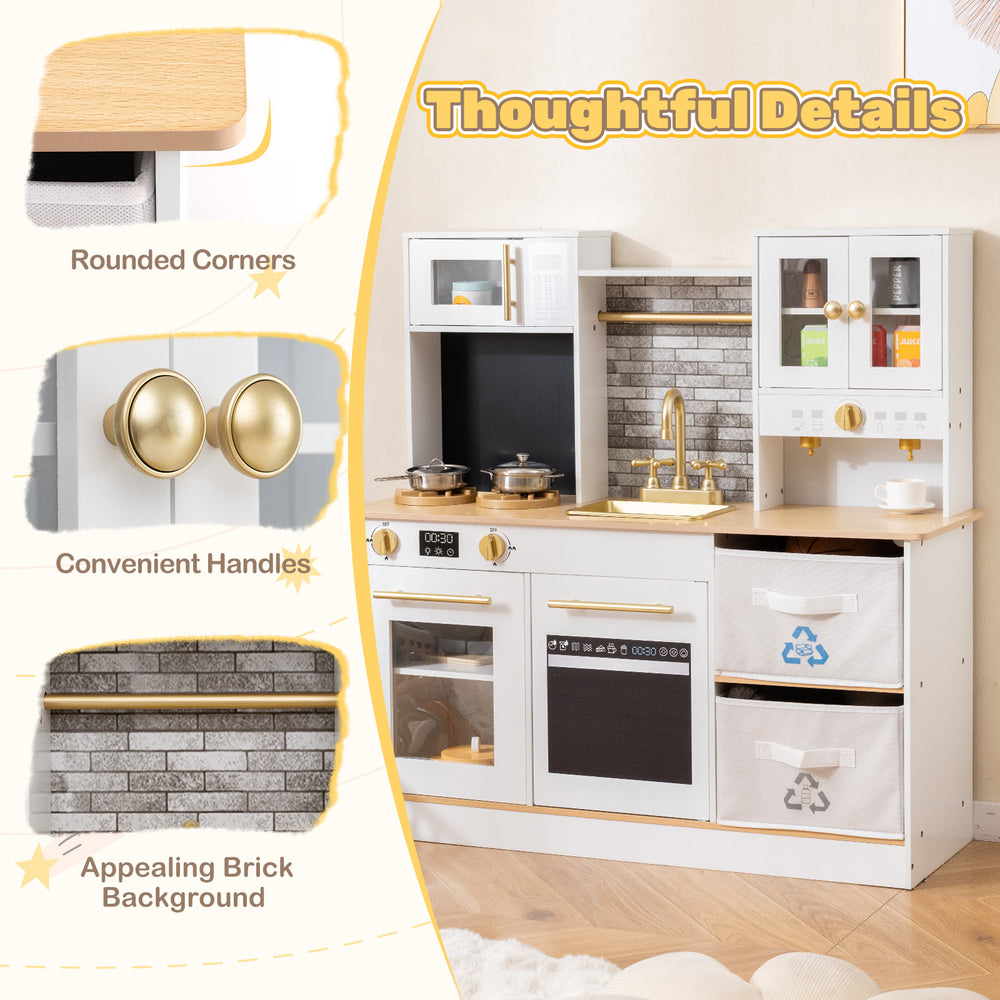 Kids wooden kitchen playset featuring stoves with lights, rounded corners, and a charming brick background for.