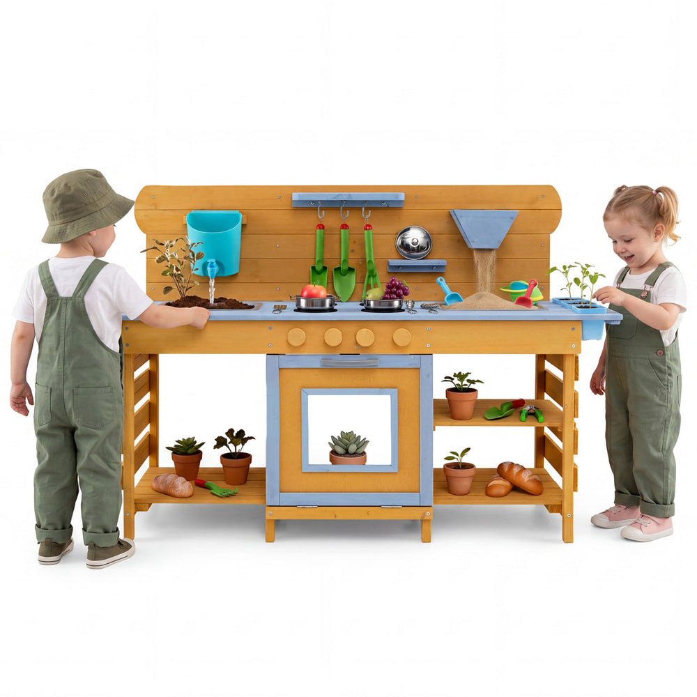 Kids wooden mud kitchen with a sturdy solid wood structure, featuring two sinks and a playful gardening setup for creative fun.