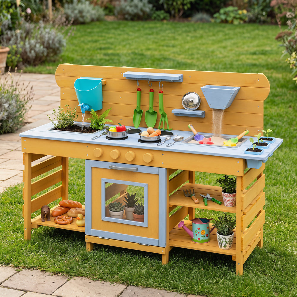 Kids wooden mud kitchen featuring 2 sinks, 4 pretend stoves, and 14 accessories for imaginative outdoor play.