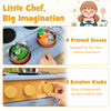 Kids wooden mud kitchen featuring 4 pretend stoves, 2 sinks, and 14 accessories for imaginative outdoor play.