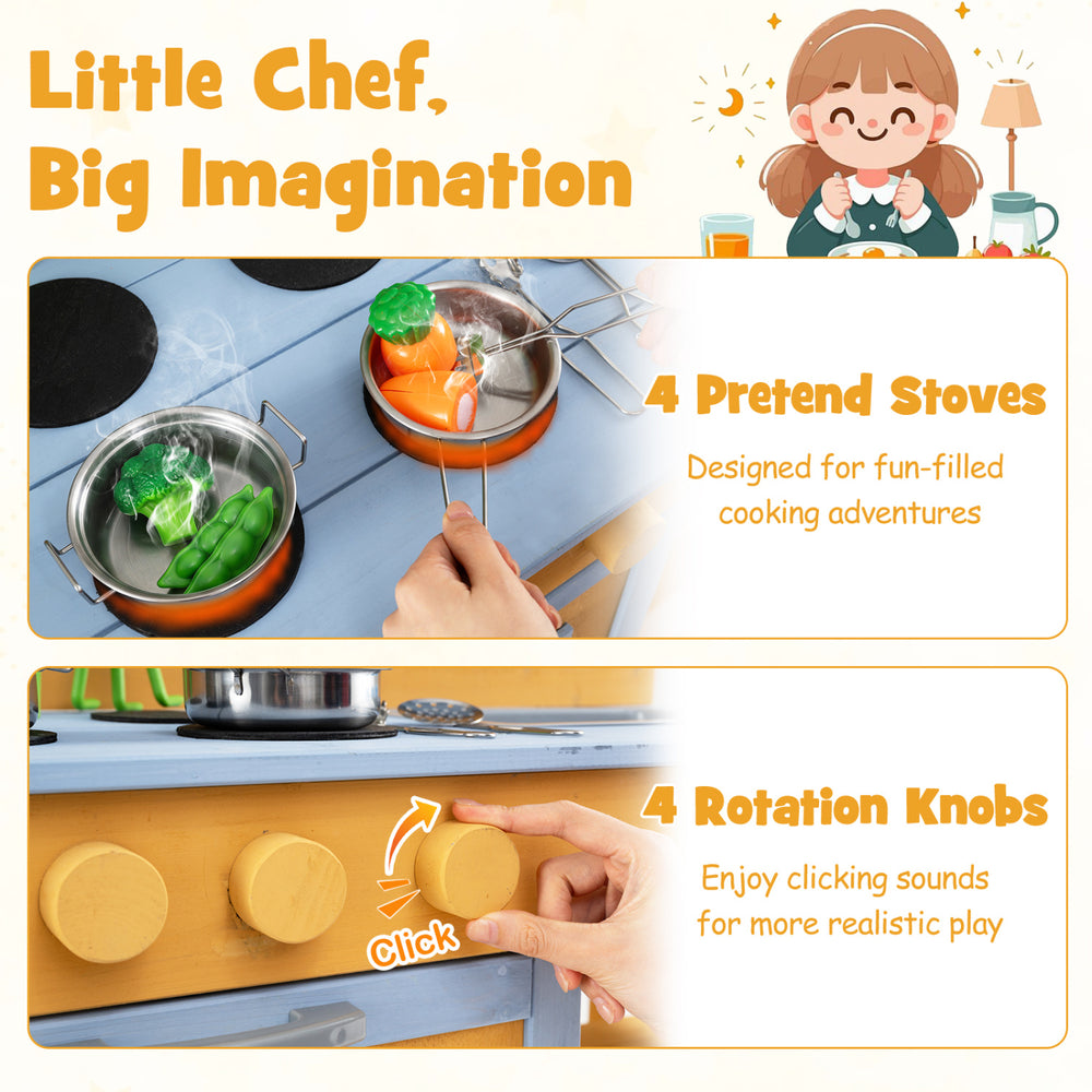 Kids wooden mud kitchen featuring 4 pretend stoves, 2 sinks, and 14 accessories for imaginative outdoor play.