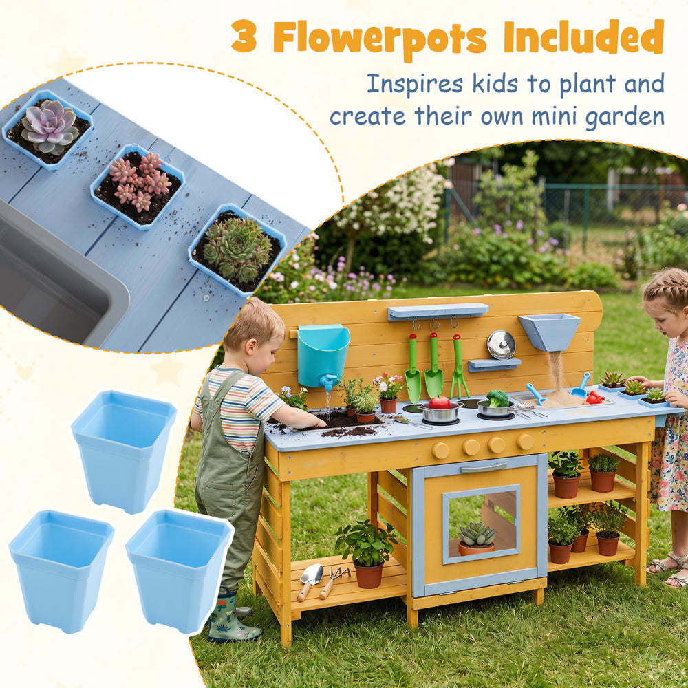 Kids wooden mud kitchen featuring two sinks, four stoves, and three flowerpots for planting and creative play.