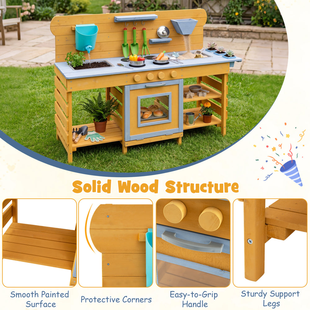 Kids wooden mud kitchen featuring a solid wood structure, two sinks, four stoves, and 14 accessories for imaginative play.