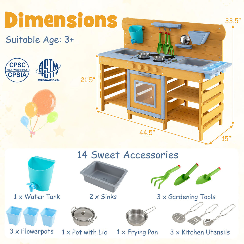Kids wooden mud kitchen with 2 sinks, 4 stoves, and 14 accessories for imaginative play and outdoor fun.