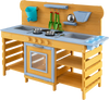 Kids wooden mud kitchen with two sinks, four stoves, and accessories for imaginative outdoor play and cooking adventures.