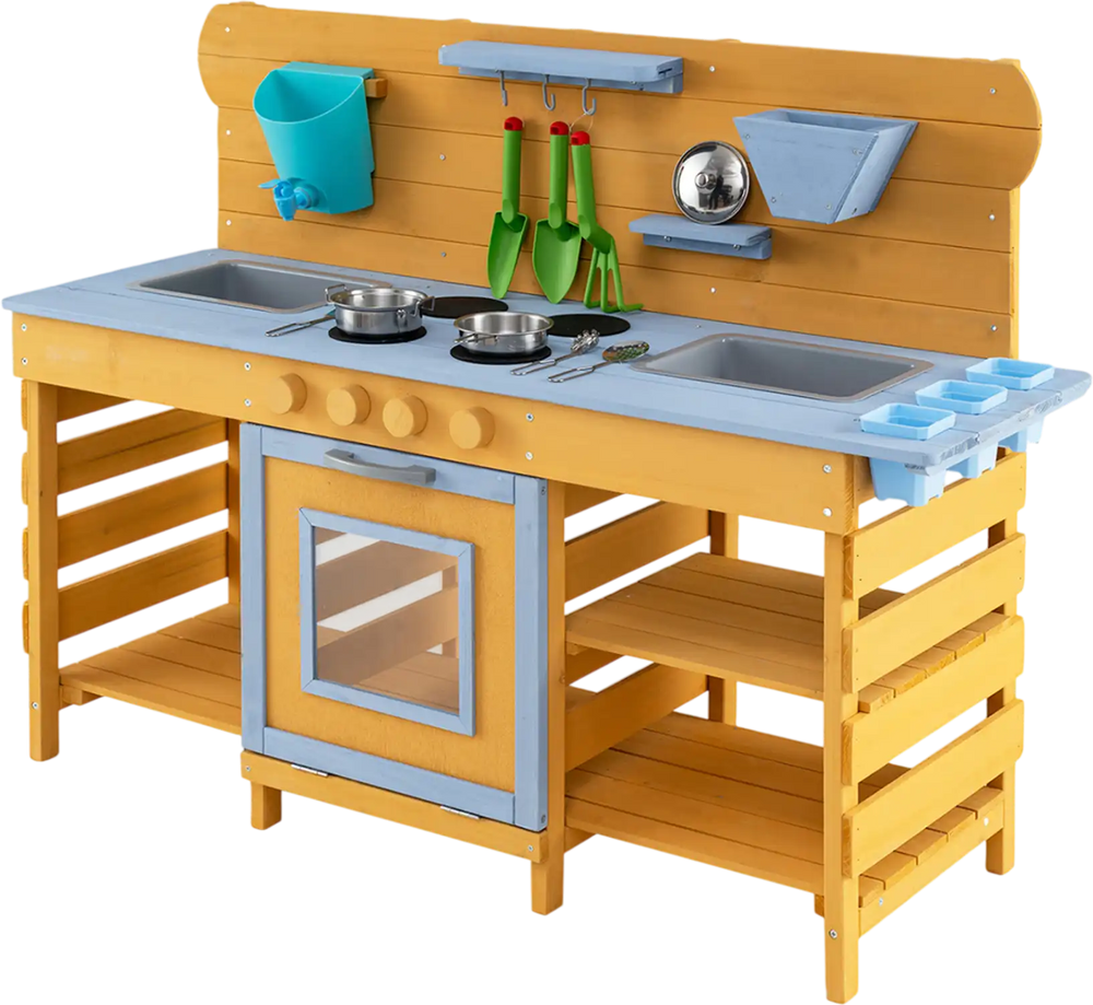 Kids wooden mud kitchen with two sinks, four stoves, and accessories for imaginative outdoor play and cooking adventures.