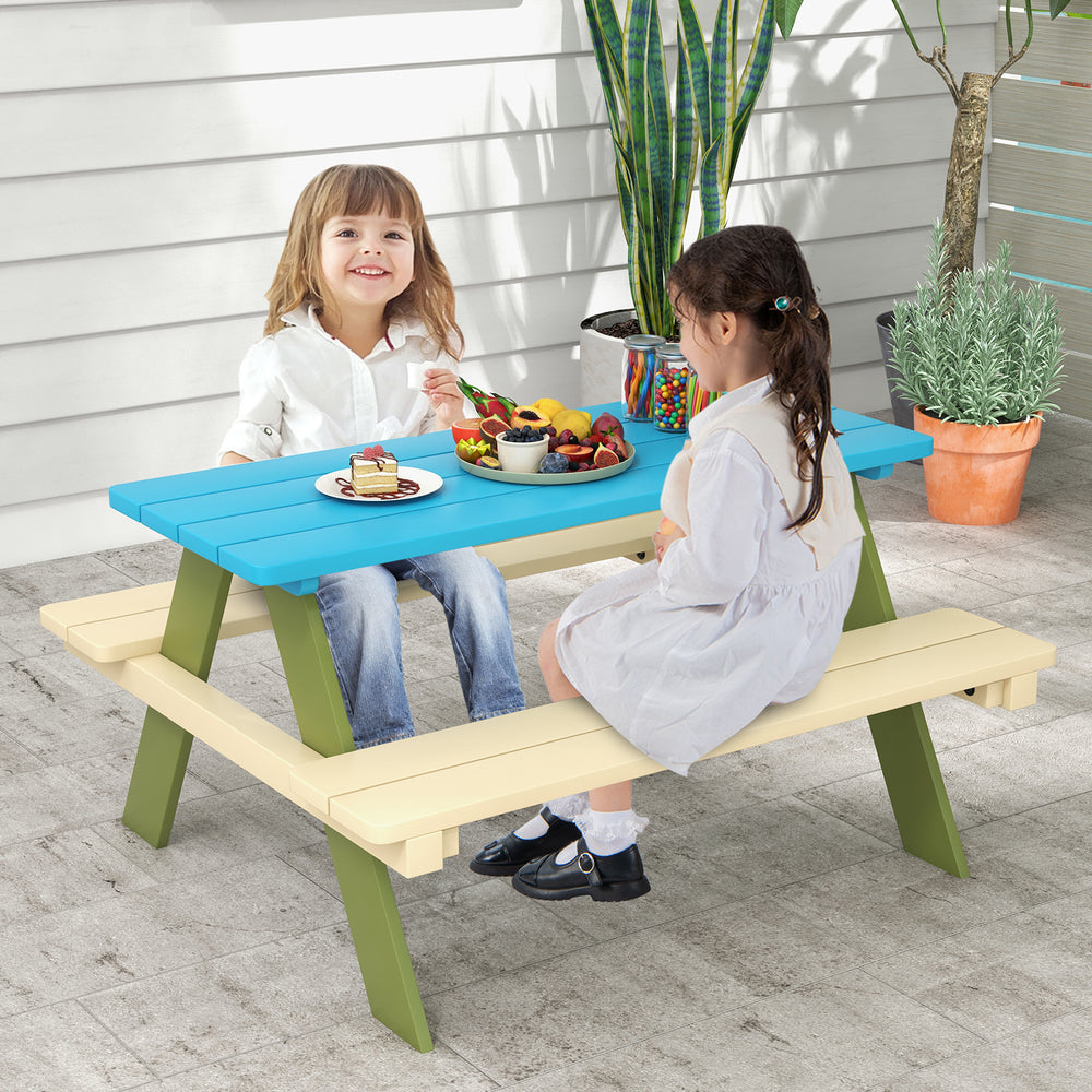 Kids wooden picnic table set with built-in benches, featuring a blue and beige design, ideal for outdoor dining and.