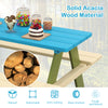 Kids wooden picnic table set made of durable acacia wood, featuring built-in benches for outdoor dining and activities.