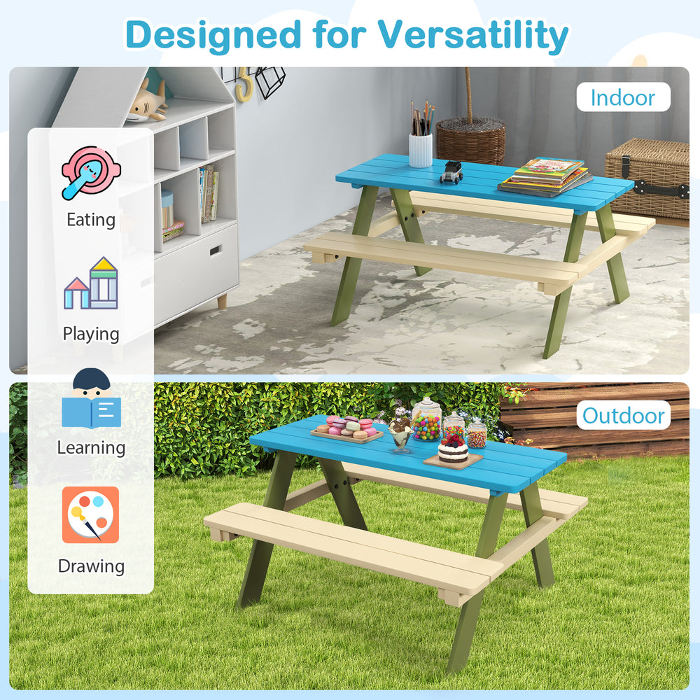 Kids wooden picnic table set in blue and beige, made of durable acacia wood, ideal for indoor and outdoor activities.