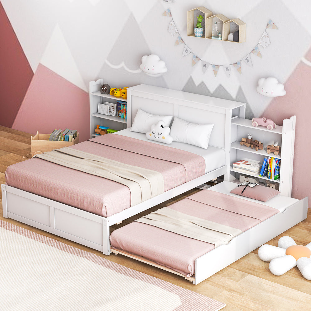 Twin/Full Kids Wooden Platform Bed with Trundle Storage Headboard-Full Size - Gallery View 1 of 12
