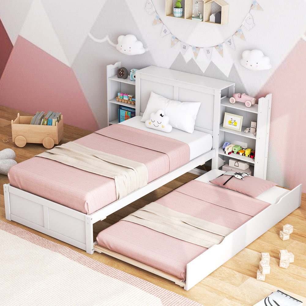 Twin/Full Kids Wooden Platform Bed with Trundle Storage Headboard-Twin Size - Gallery View 1 of 12