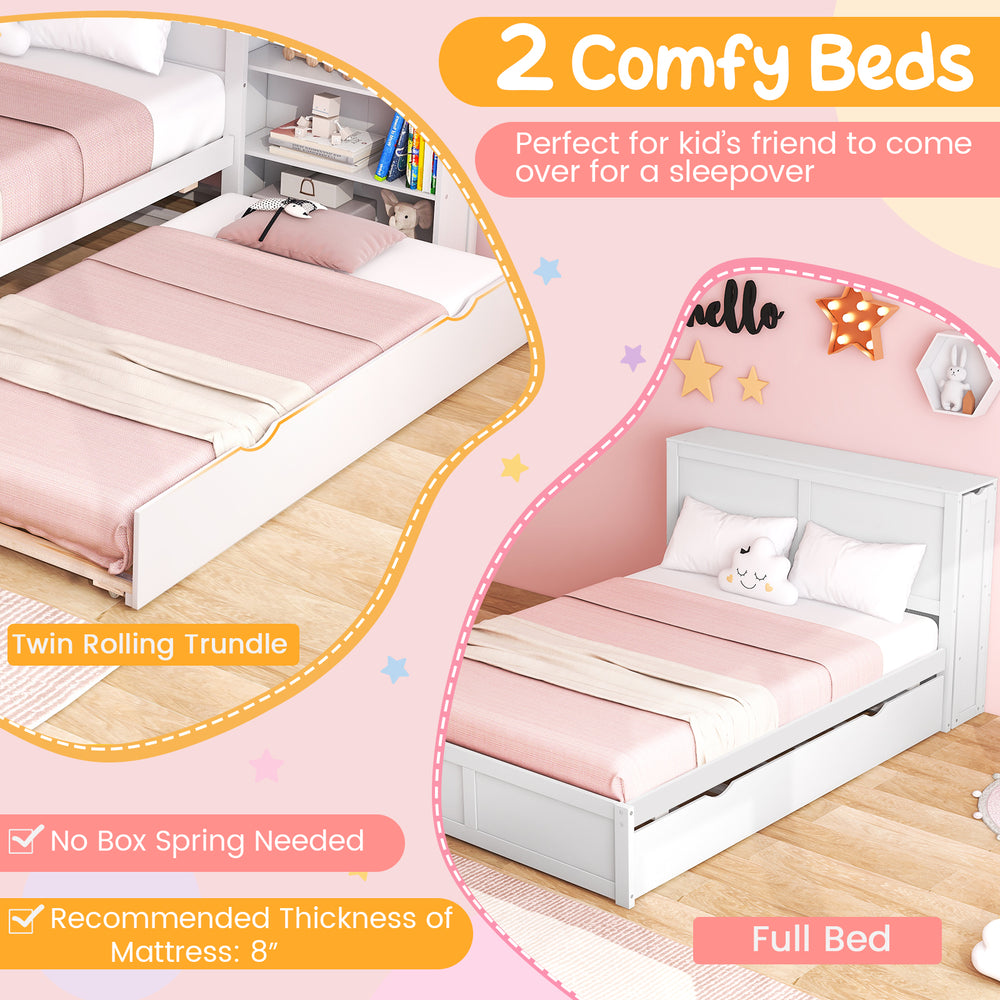 Twin/full kids wooden platform bed with rolling trundle, featuring a high headboard and large storage for sleepovers.