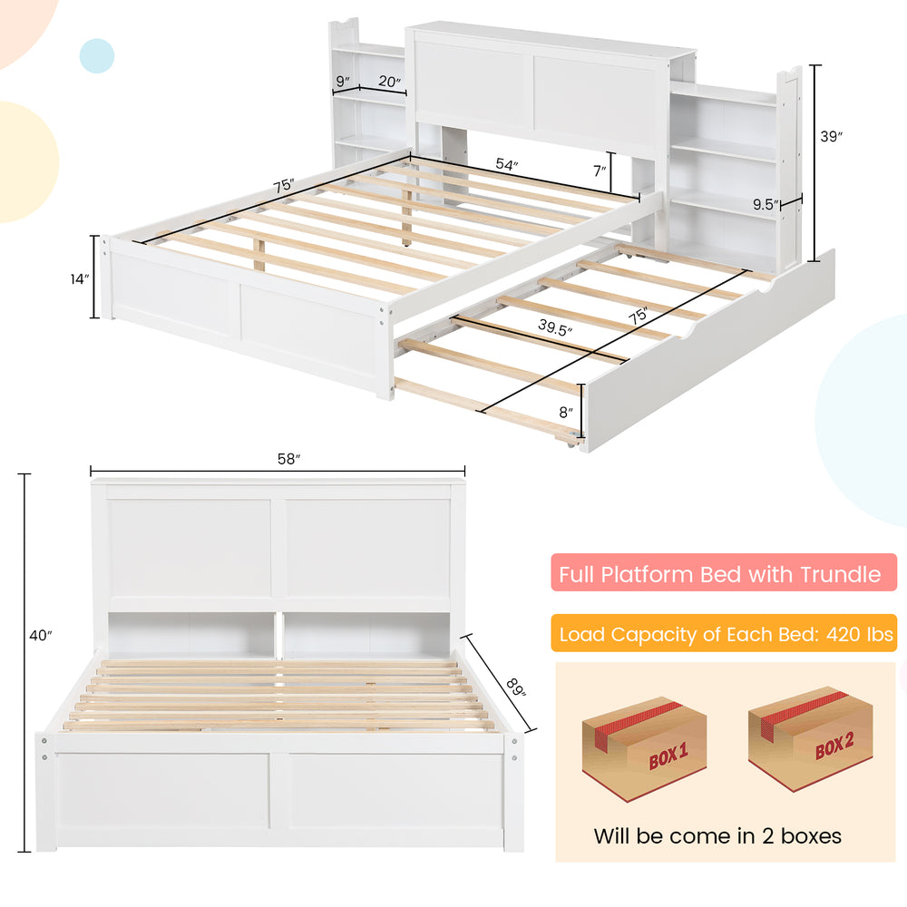 Twin/Full kids wooden platform bed with trundle, featuring a storage headboard and double mobile bookshelves for.