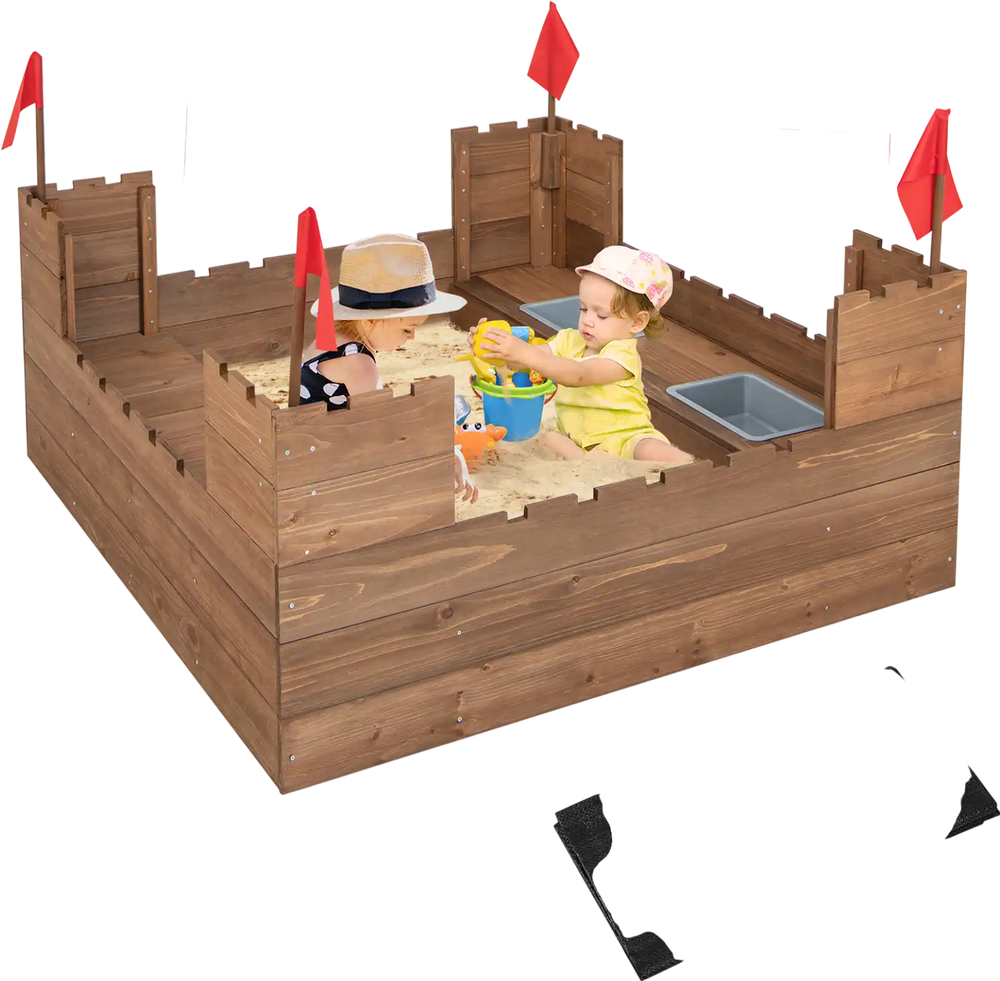 Kids Wooden Sandbox with Bottom Liner and Red Flags