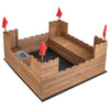 Kids wooden sandbox with red flags, solid cedar wood, includes bottom liner and storage boxes for outdoor play.