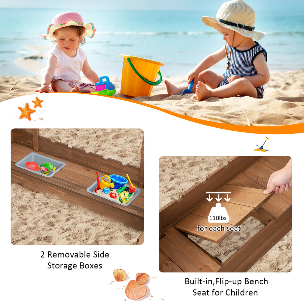 Kids wooden sandbox with removable storage boxes and built-in bench for comfortable play and relaxation.