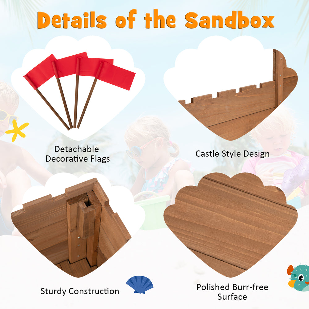 Kids wooden sandbox featuring a castle design, red flags, sturdy cedar wood, and smooth surface for safe play.
