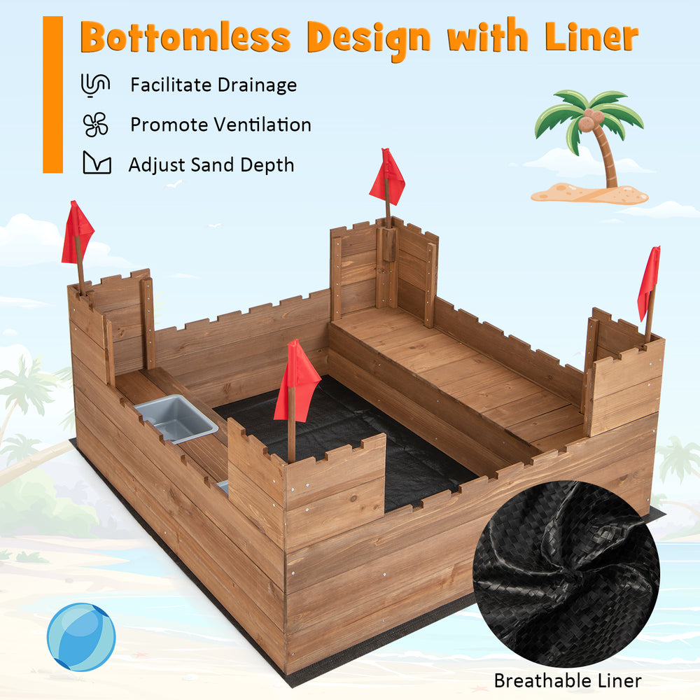 Kids wooden sandbox with bottom liner, red flags, and removable storage boxes for outdoor play and ventilation.