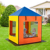 Multicolored kids' sandbox with canopy, mesh windows, and benches, perfect for outdoor play in the backyard.