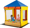 Kids wooden sandbox with multicolor canopy, mesh windows, and benches for outdoor play and creativity.
