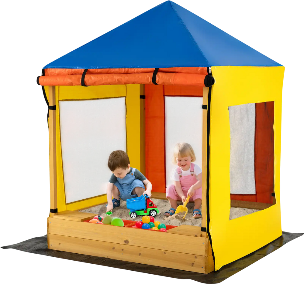 Kids wooden sandbox with multicolor canopy, mesh windows, and benches for outdoor play and creativity.