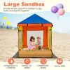 Kids wooden sandbox with a canopy, featuring mesh windows and benches, perfect for outdoor play and creativity.
