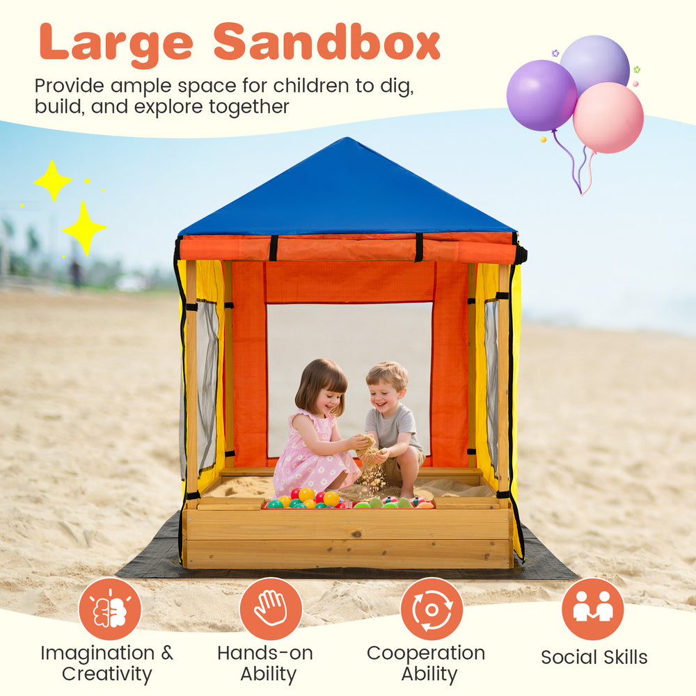 Kids wooden sandbox with a canopy, featuring mesh windows and benches, perfect for outdoor play and creativity.
