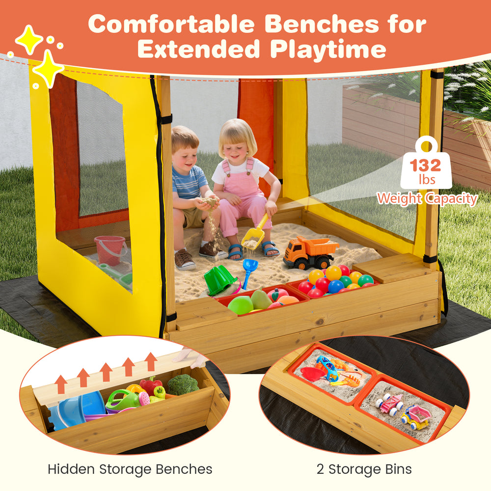 Kids wooden sandbox with canopy, featuring hidden storage benches and two bins for outdoor play and creativity.