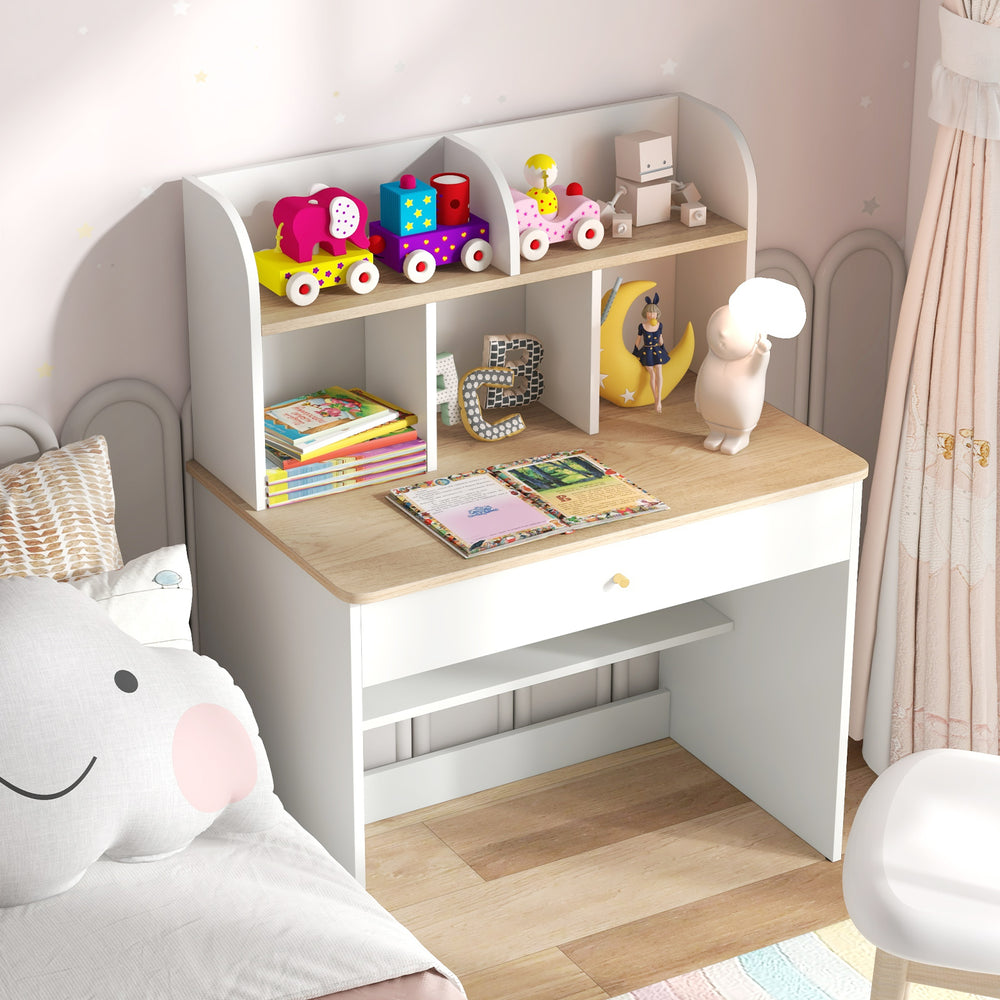 Kids wooden study desk with hutch and drawer, featuring a safe burr-free surface and diverse storage options for.
