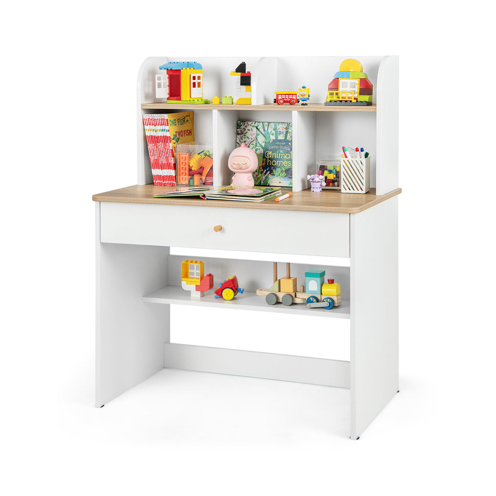 Kids wooden study desk with hutch and drawer, featuring diverse storage and safety design for children's use.