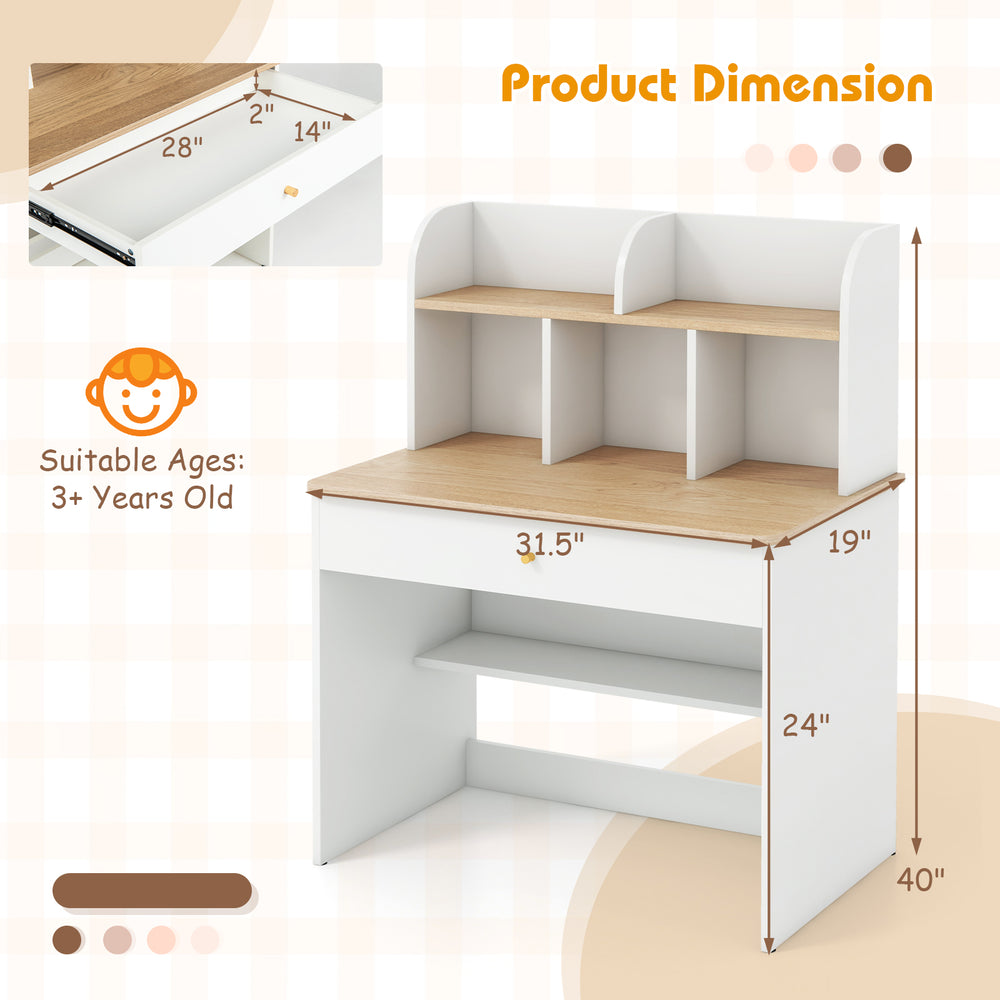 Kids wooden study desk with hutch and drawer, featuring a durable design and diverse storage options for children's.