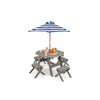 Kids wooden table set in gray with octagonal table, 4 stools, and striped umbrella for outdoor play and dining.