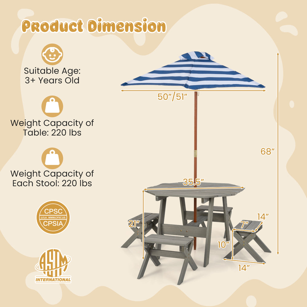 Kids wooden table set with gray finish, includes octagonal table, 4 stools, and removable striped umbrella for outdoor.